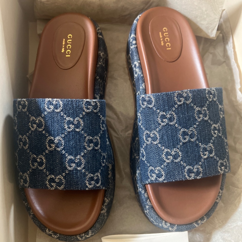 Gucci Platform Slides Angelina New Denim GG Blue Tea Platform Sandals Size EU 39 - Picture 4 of 4